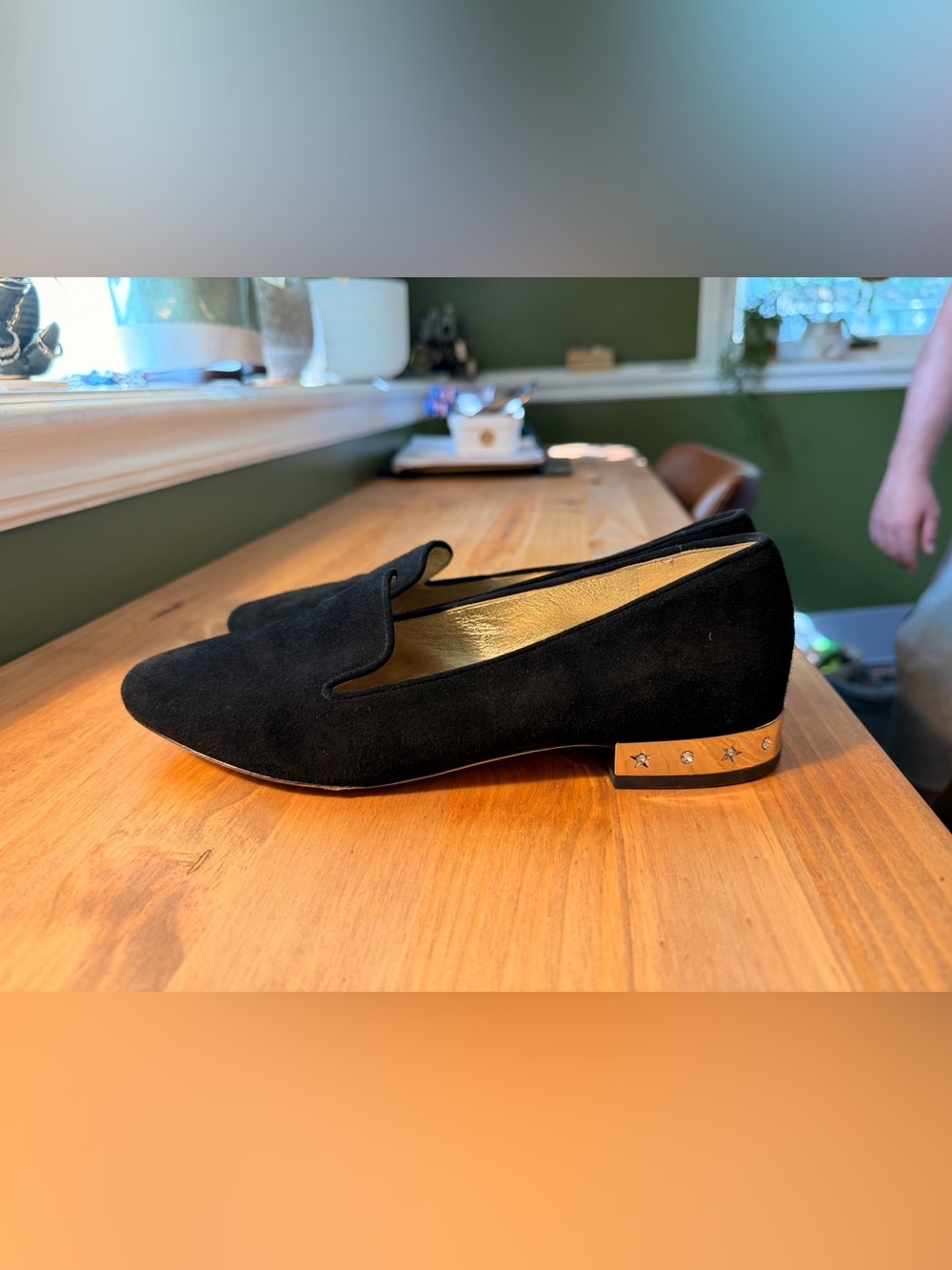 Kate Spade Black Suede Loafer with Gold/Crystal Heel Detail